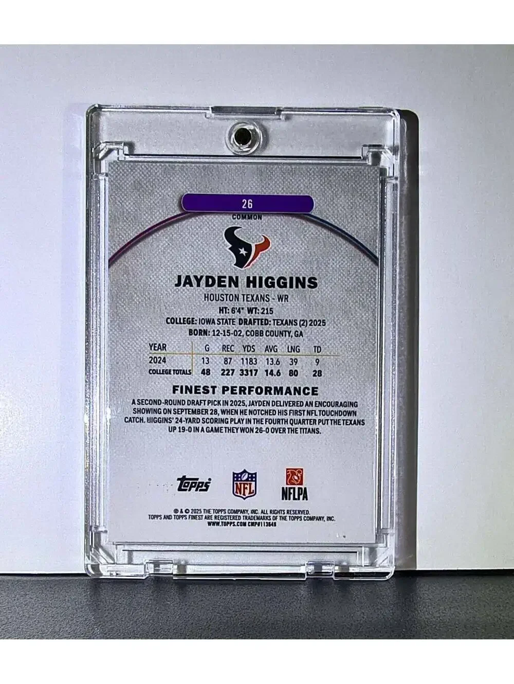 Jayden Higgins Rookie 2025 Topps Finest NFL #26 Card Houston Texans 065/200